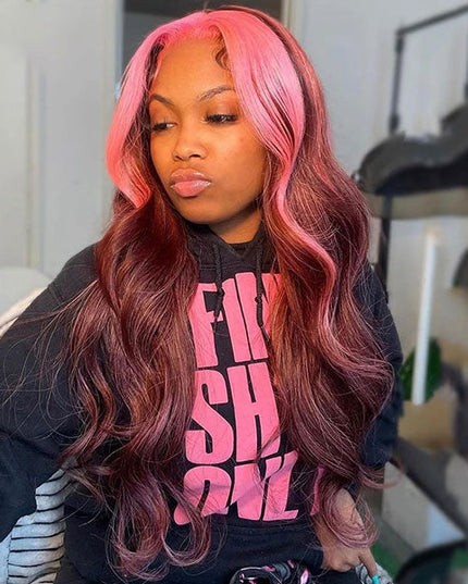 Junoda Strawberry Pink Chocolate Brown Skunk Stripe Wig Body Wave Human Hair Wigs junoda