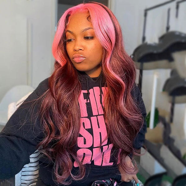 Junoda Strawberry Pink Chocolate Brown Skunk Stripe Wig Body Wave Human Hair Wigs junoda