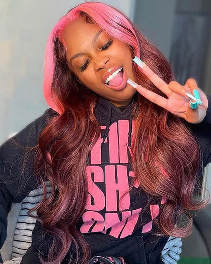 Junoda Strawberry Pink Chocolate Brown Skunk Stripe Wig Body Wave Human Hair Wigs junoda