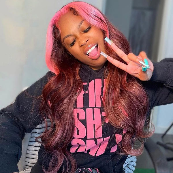 Junoda Strawberry Pink Chocolate Brown Skunk Stripe Wig Body Wave Human Hair Wigs junoda
