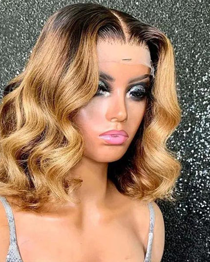 Junoda T1B/27 Loose Wave Bob Wig Honey Brown with Black Short Ombre Human Hair Bob Wigs junoda