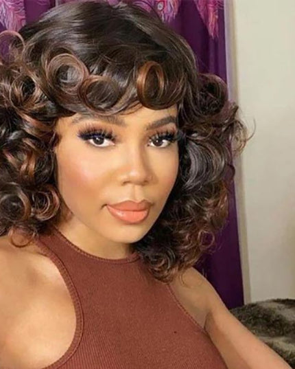 Yasser K wigsandwanderlust Recommend Junoda P4/30 Bouncy Curly Ombre Human Hair Wig With Bangs Two Tone Color Dark Root Bob Wig junoda