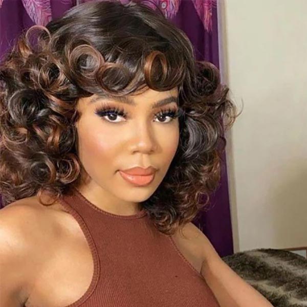 Yasser K wigsandwanderlust Recommend Junoda P4/30 Bouncy Curly Ombre Human Hair Wig With Bangs Two Tone Color Dark Root Bob Wig junoda