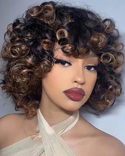Yasser K wigsandwanderlust Recommend Junoda P4/30 Bouncy Curly Ombre Human Hair Wig With Bangs Two Tone Color Dark Root Bob Wig junoda