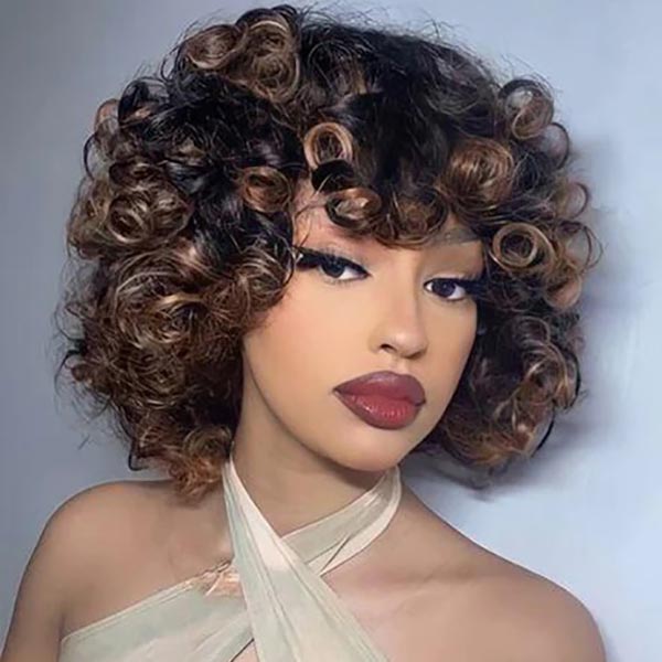 Yasser K wigsandwanderlust Recommend Junoda P4/30 Bouncy Curly Ombre Human Hair Wig With Bangs Two Tone Color Dark Root Bob Wig junoda