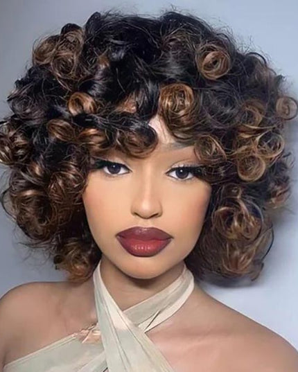 Yasser K wigsandwanderlust Recommend Junoda P4/30 Bouncy Curly Ombre Human Hair Wig With Bangs Two Tone Color Dark Root Bob Wig junoda