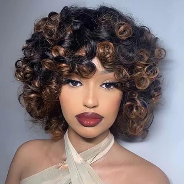 Yasser K wigsandwanderlust Recommend Junoda P4/30 Bouncy Curly Ombre Human Hair Wig With Bangs Two Tone Color Dark Root Bob Wig junoda