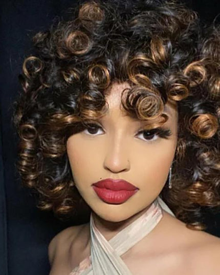 Yasser K wigsandwanderlust Recommend Junoda P4/30 Bouncy Curly Ombre Human Hair Wig With Bangs Two Tone Color Dark Root Bob Wig junoda