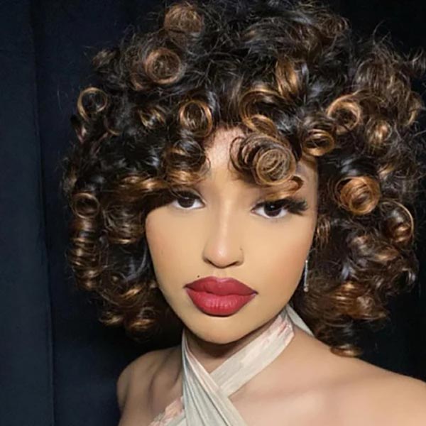 Yasser K wigsandwanderlust Recommend Junoda P4/30 Bouncy Curly Ombre Human Hair Wig With Bangs Two Tone Color Dark Root Bob Wig junoda