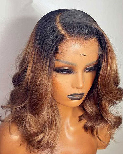 Junoda T1B/30 Body Wave Bob Wig Two Tone Color Dark Roots Short Human Hair Bob Lace Wig junoda