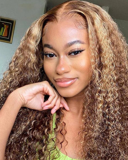 Junoda TL4/12 Jerry Curly Wig Balayage Mix Color 4x4 13x4 Lace Front Human Hair Wigs junoda