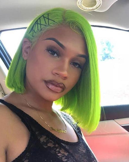 Junoda TikTok Lime Green Color Straight Short Bob Wigs Real Human Hair Lace Front Wig junoda