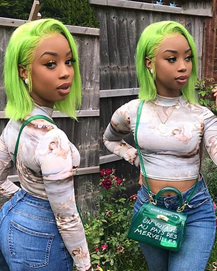 Junoda TikTok Lime Green Color Straight Short Bob Wigs Real Human Hair Lace Front Wig junoda