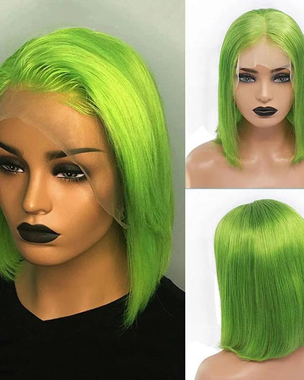 Junoda TikTok Lime Green Color Straight Short Bob Wigs Real Human Hair Lace Front Wig junoda