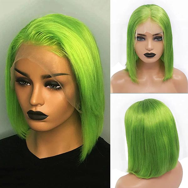 Junoda TikTok Lime Green Color Straight Short Bob Wigs Real Human Hair Lace Front Wig junoda
