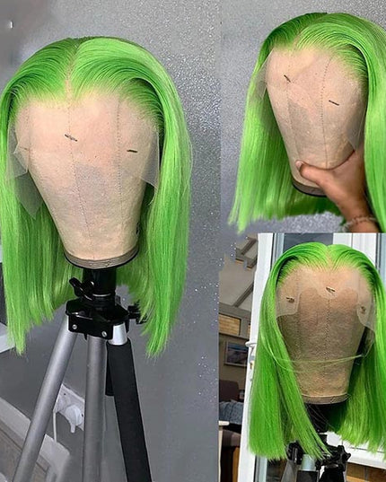 Junoda TikTok Lime Green Color Straight Short Bob Wigs Real Human Hair Lace Front Wig junoda