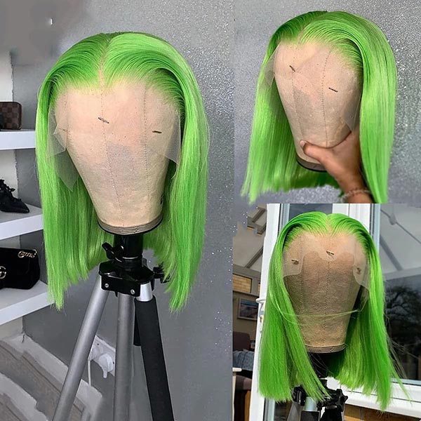 Junoda TikTok Lime Green Color Straight Short Bob Wigs Real Human Hair Lace Front Wig junoda