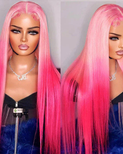 Junoda Two Tone Color Pink Straight Ombre Human Hair Lace Front Wig for Women junoda