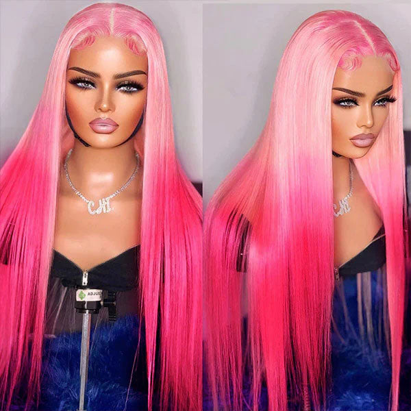 Junoda Two Tone Color Pink Straight Ombre Human Hair Lace Front Wig for Women junoda