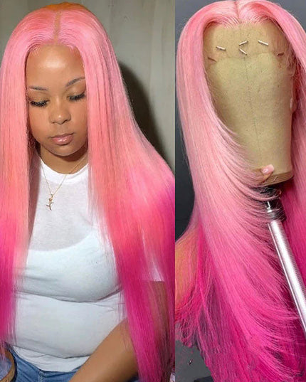 Junoda Two Tone Color Pink Straight Ombre Human Hair Lace Front Wig for Women junoda