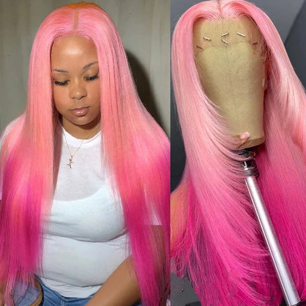 Junoda Two Tone Color Pink Straight Ombre Human Hair Lace Front Wig for Women junoda