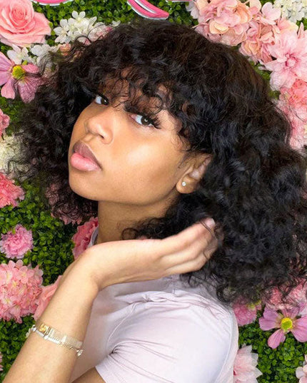Junoda Water Wave Bob Human Hair Wig with Bangs Glueless Full Machine Made Wig junoda
