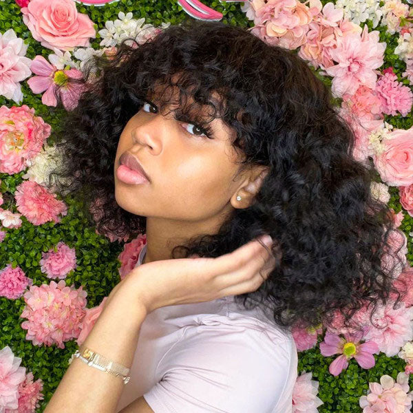 Junoda Water Wave Bob Human Hair Wig with Bangs Glueless Full Machine Made Wig junoda