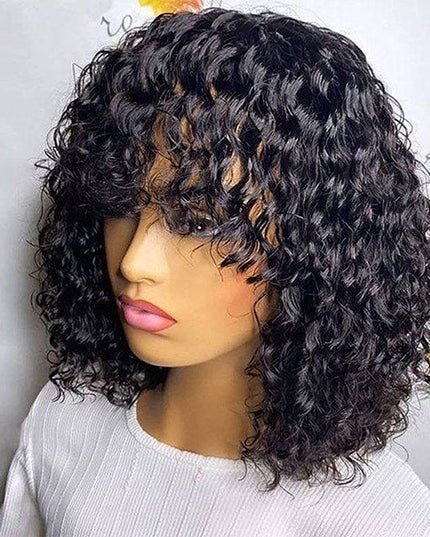 Junoda Water Wave Bob Human Hair Wig with Bangs Glueless Full Machine Made Wig junoda