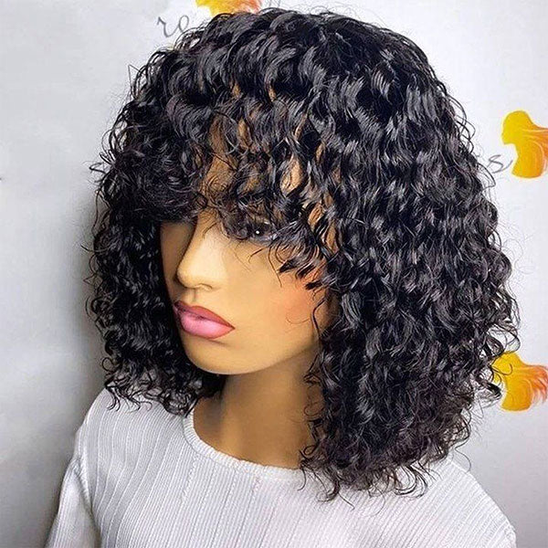 Junoda Water Wave Bob Human Hair Wig with Bangs Glueless Full Machine Made Wig junoda
