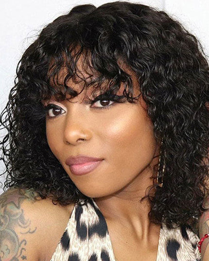Junoda Water Wave Bob Human Hair Wig with Bangs Glueless Full Machine Made Wig junoda