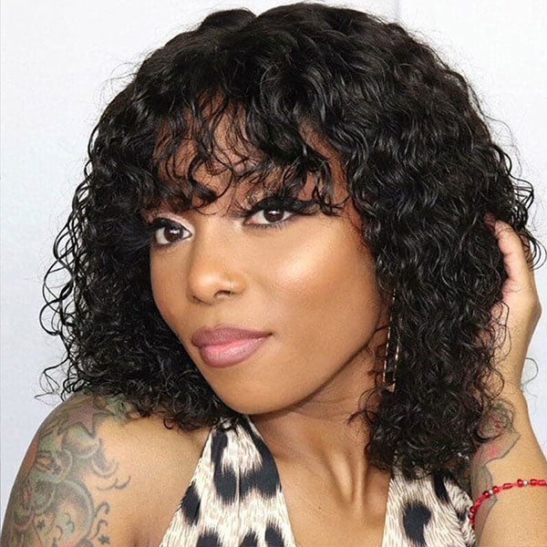 Junoda Water Wave Bob Human Hair Wig with Bangs Glueless Full Machine Made Wig junoda