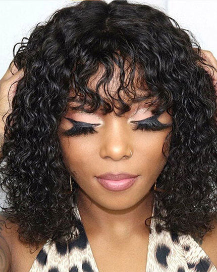 Junoda Water Wave Bob Human Hair Wig with Bangs Glueless Full Machine Made Wig junoda