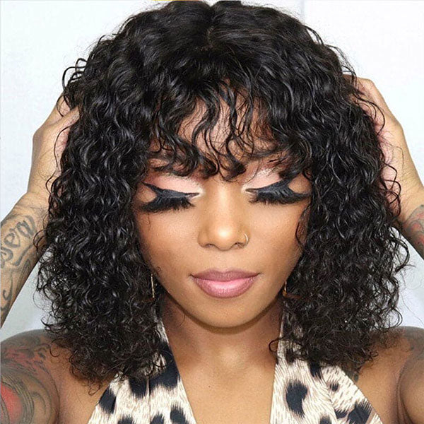 Junoda Water Wave Bob Human Hair Wig with Bangs Glueless Full Machine Made Wig junoda
