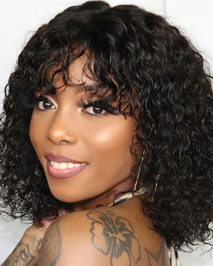 Junoda Water Wave Bob Human Hair Wig with Bangs Glueless Full Machine Made Wig junoda