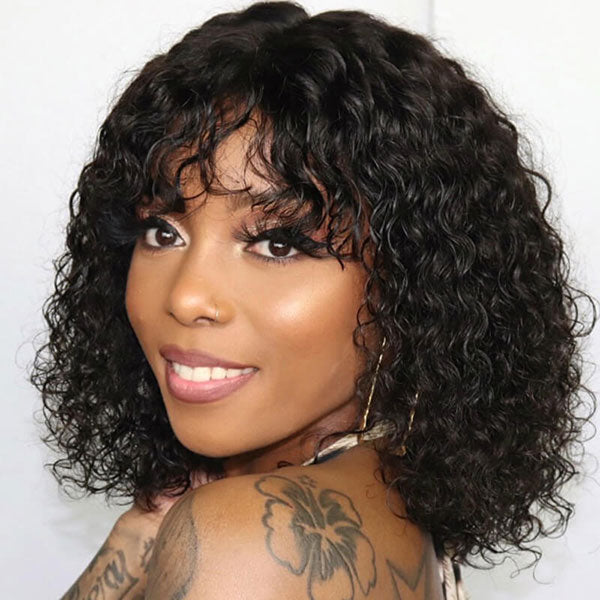 Junoda Water Wave Bob Human Hair Wig with Bangs Glueless Full Machine Made Wig junoda