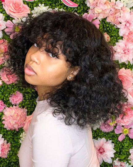 Junoda Water Wave Bob Human Hair Wig with Bangs Glueless Full Machine Made Wig junoda