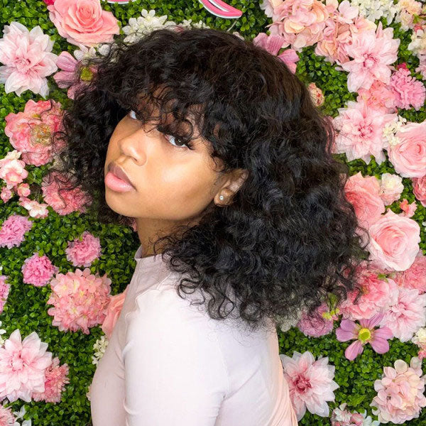 Junoda Water Wave Bob Human Hair Wig with Bangs Glueless Full Machine Made Wig junoda