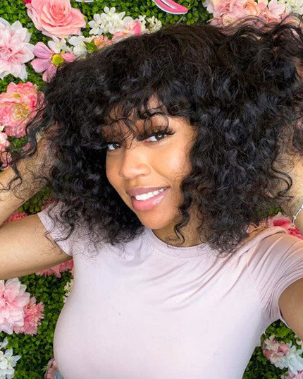 Junoda Water Wave Bob Human Hair Wig with Bangs Glueless Full Machine Made Wig junoda