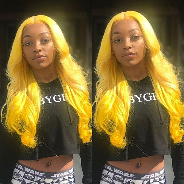 Junoda Yellow Body Wave Colored Fashion Human Hair Wigs 4x4 13x4 Transparent Lace Front Wig junoda