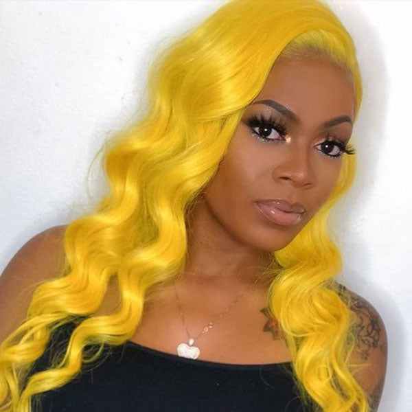 Junoda Yellow Body Wave Colored Fashion Human Hair Wigs 4x4 13x4 Transparent Lace Front Wig junoda