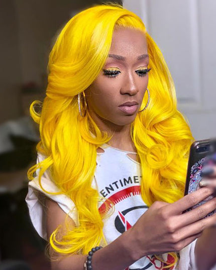 Junoda Yellow Body Wave Colored Fashion Human Hair Wigs 4x4 13x4 Transparent Lace Front Wig junoda