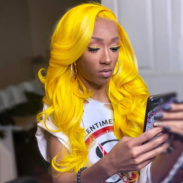 Junoda Yellow Body Wave Colored Fashion Human Hair Wigs 4x4 13x4 Transparent Lace Front Wig junoda