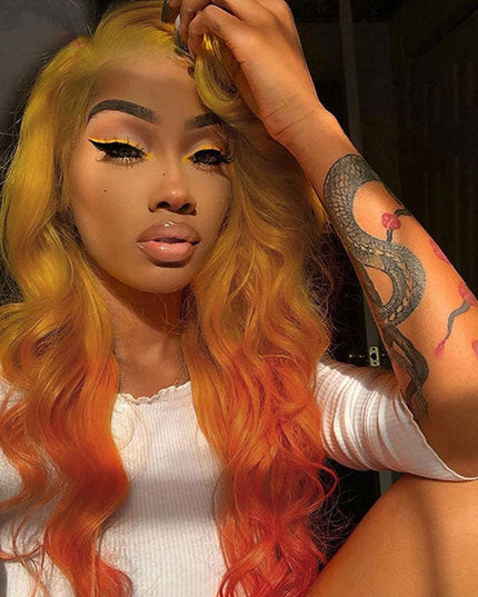Junoda Yellow Orange Body Wave Ombre Human Hair Wigs 2 Tone Color Lace Wig junoda