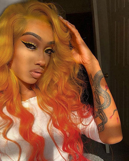 Junoda Yellow Orange Body Wave Ombre Human Hair Wigs 2 Tone Color Lace Wig junoda