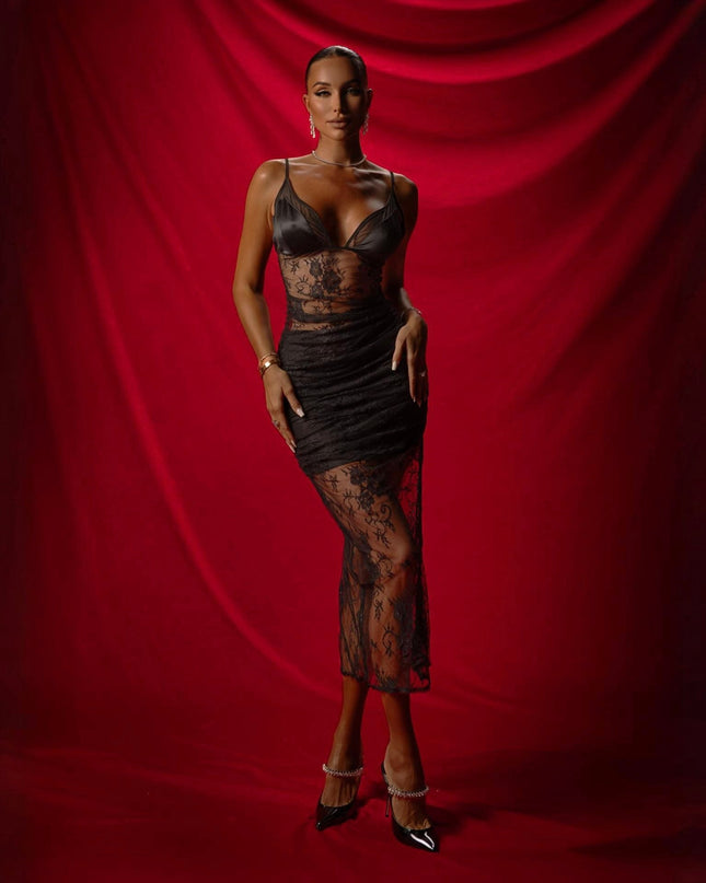Love Affair Black Lace Midi Dress With Silk Cups