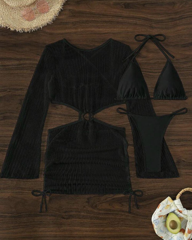Mesh Hollow Out Drawstring Tie Bikini Three-Piece Set | ZAKAPOP
