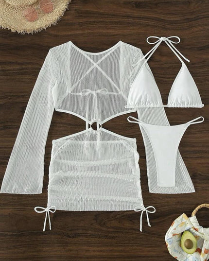Mesh Hollow Out Drawstring Tie Bikini Three-Piece Set | ZAKAPOP