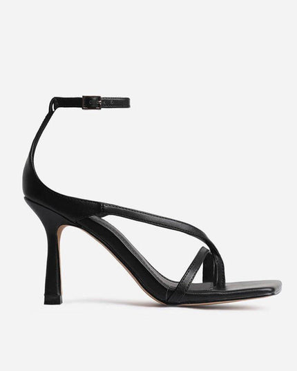 Midnight Black Faux Leather Strappy Square-Toe Heels
