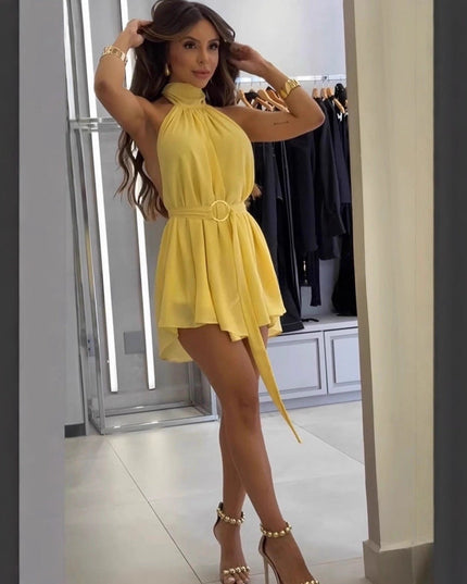 Summer Halter Spaghetti Straps Solid Color Waist Tight Solid Color Short Chic Dress
