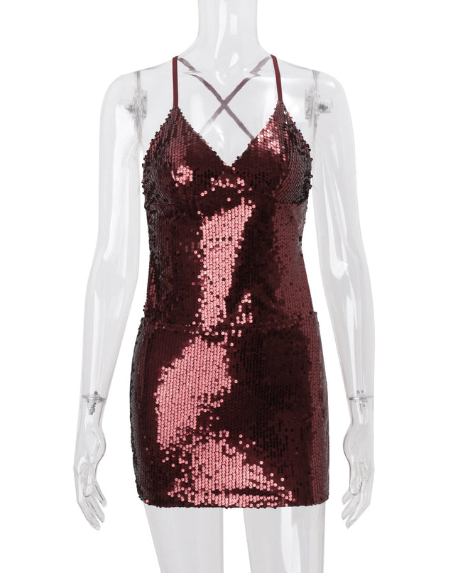 Women Clothing Sexy Bare Back Nightclub Sexy Sequined Lace up Sheath Short Dress